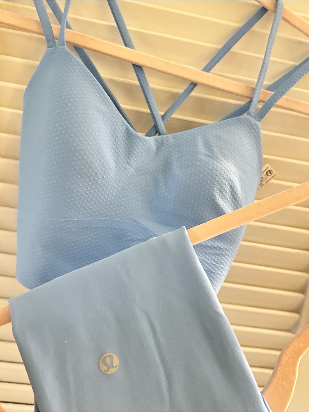 2 lululemon athletica Light Blue Strappy Cropped Sports Bra and leggings